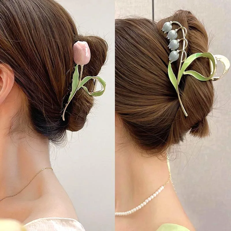 Elegant Tulip Bell orchid Flower Hair Claw Shark Clip Headdress Vintage Ponytail Claw Clip Trendy sweet For girl Hair Jewelry