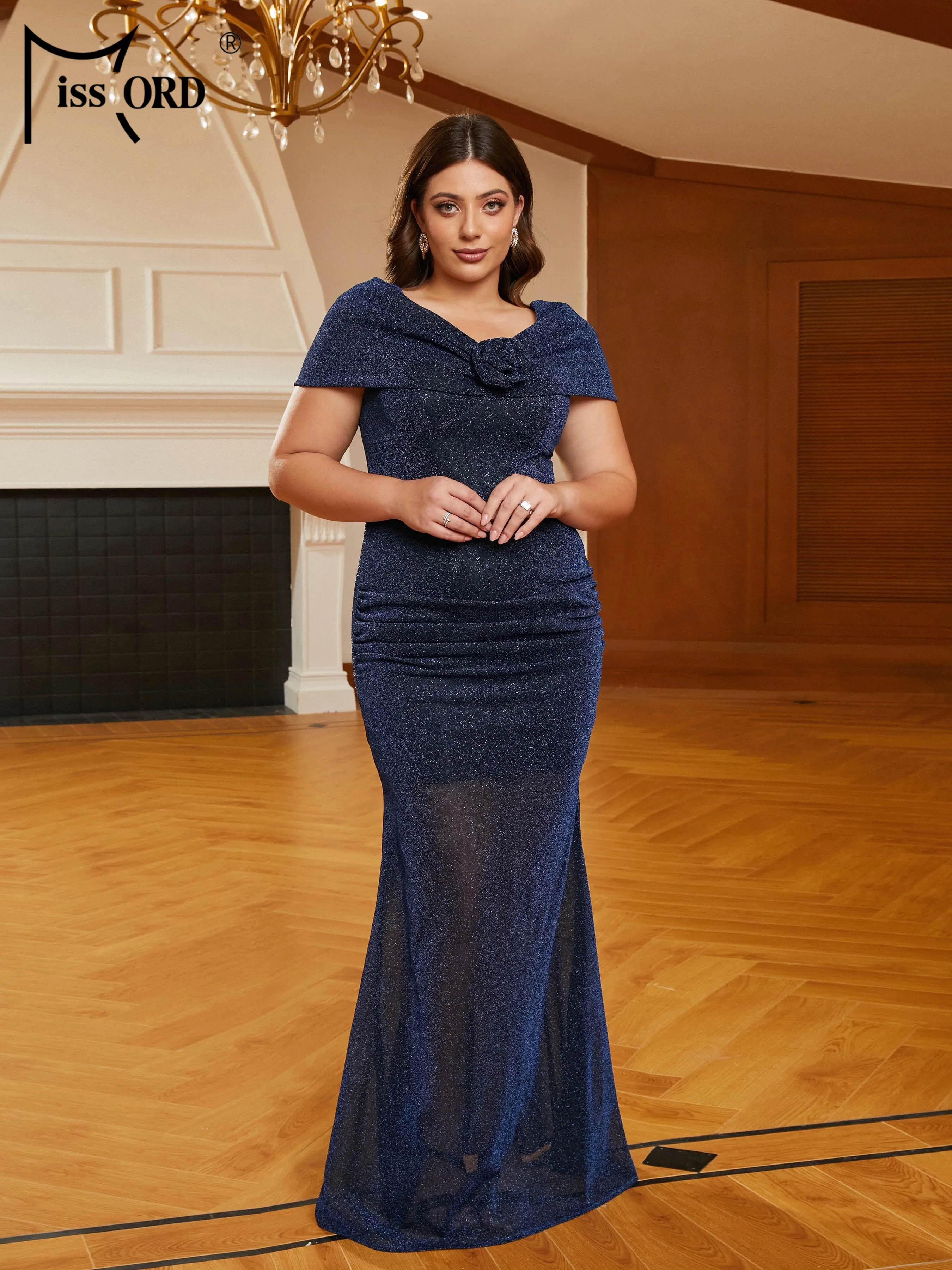 Missord New Plus Size Elegant Party Dresses For Women 2023 V Neck Short Sleeve Mermaid Evening Dress