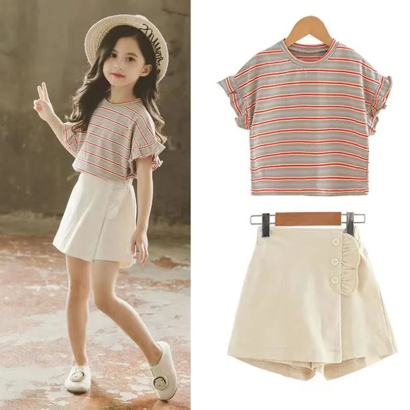 Teenage Kids Girls Clothing Sets Summer Casual Short Sleeve T-shirts + Pants 2PCS Fashion Children Clothes Suits 8 10 12 14 Year