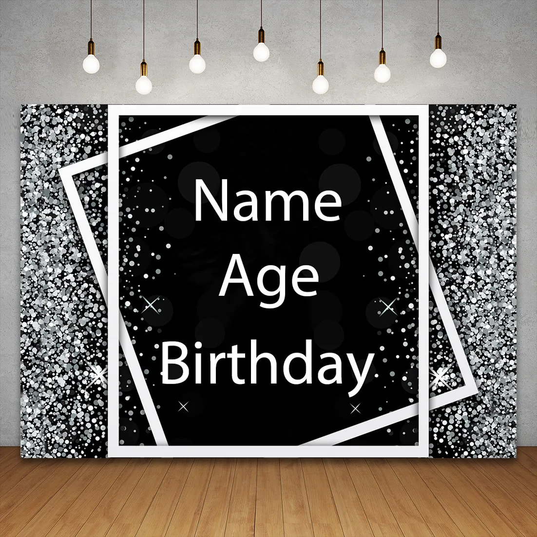 Black Silver Birthday Party Backdrop Custom Name Age Cummunion Anniversary Photo Booth White Frame Background Party Wall Decor