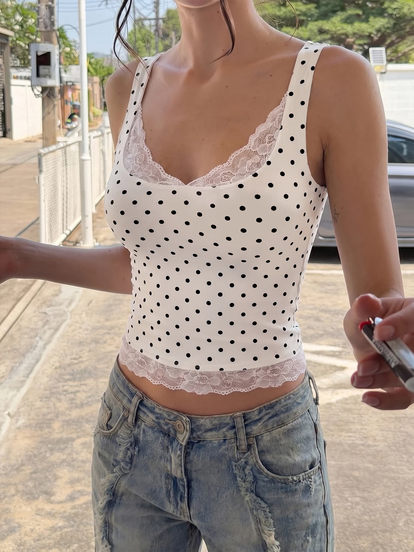 Dulzura Square Collar Backless Slim Lace Ruffles Patchwork Polka Dot Tank Top Vintage Sexy Y2K Top Party Vacation Summer Clothes