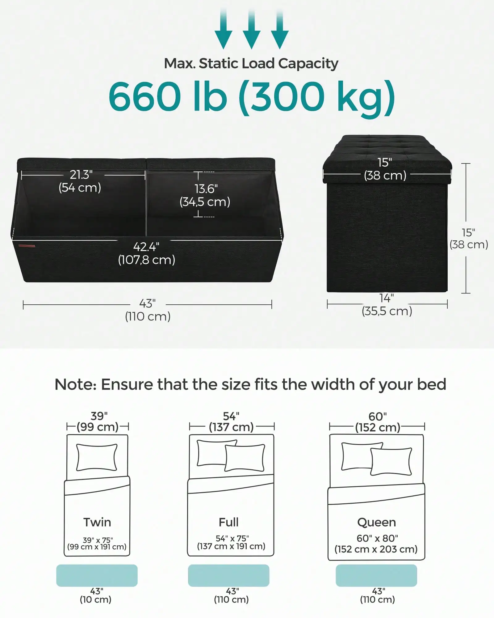 43-Inch Foldable Storage Ottoman Bench – Doubles as a footrest, end-of-bed bench, and storage chest;  for living rooms, bedrooms