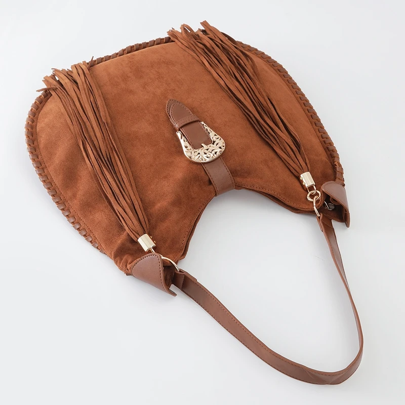

Boho Western Suede Shoulder Bag Fringe Tassel Hobo Purse with Antique Silver Buckle,Crossbody Leather Bag for Women Underarm Bag