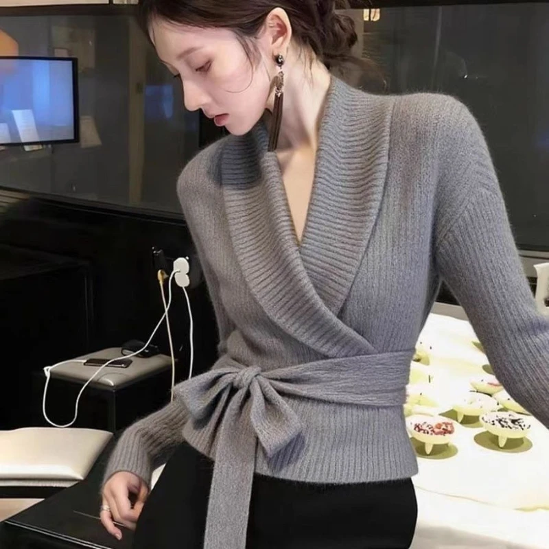 

Winter Fall Women Wine Red Grey Black V Neck Sash High Waisted Knitted Sweater , Woman Elegant Clothes Knitting Sweaters