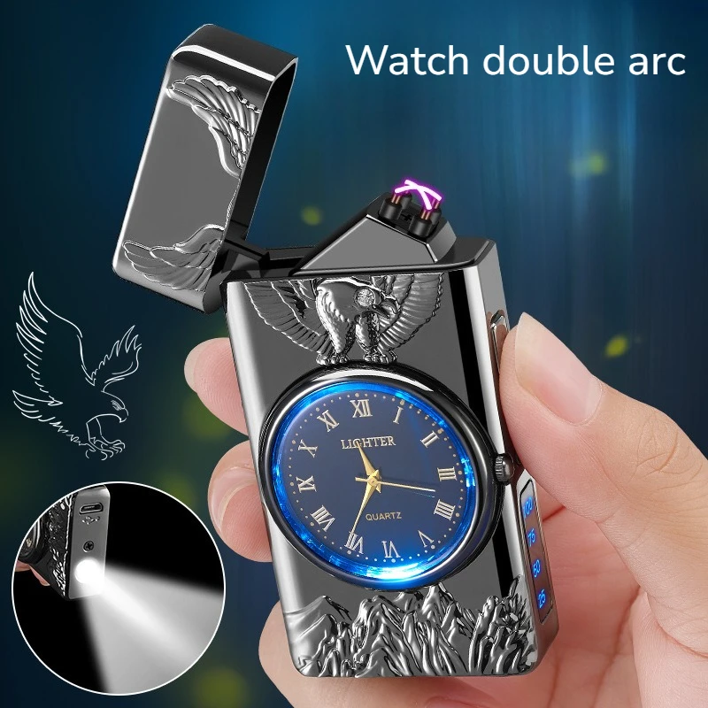 

Новая металлическая ветрозащитная перезаряжаемая двухдуговая зажигалка с дисплеем заряда и функцией часов, мужская зажигалка для сигарет