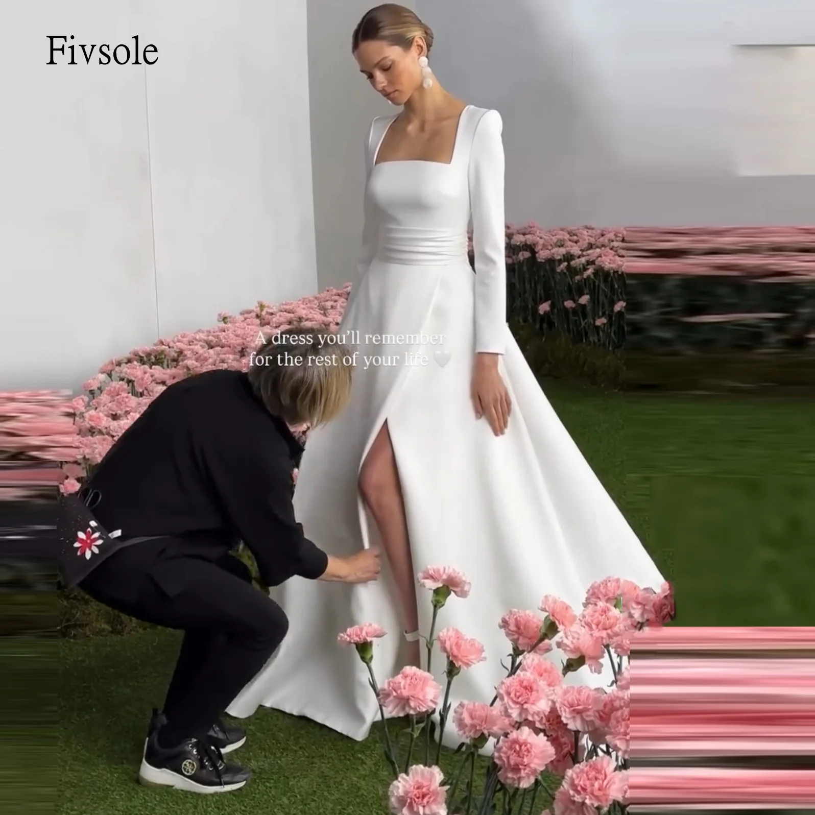 

Fivsole Classic Square Neck A Line Wedding Dress Flower Back Long Tail Bride Gowns Slit Floor Length Wedding Dress Customized