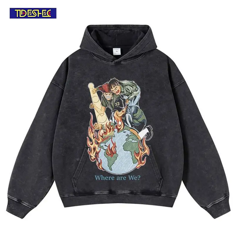 

Vintage Hip Hop Streetwear Harajuku Cartoon Print Hooded Leisure Pullover Stretwear Oversized Cotton Sweatshirt Washed Hoodie