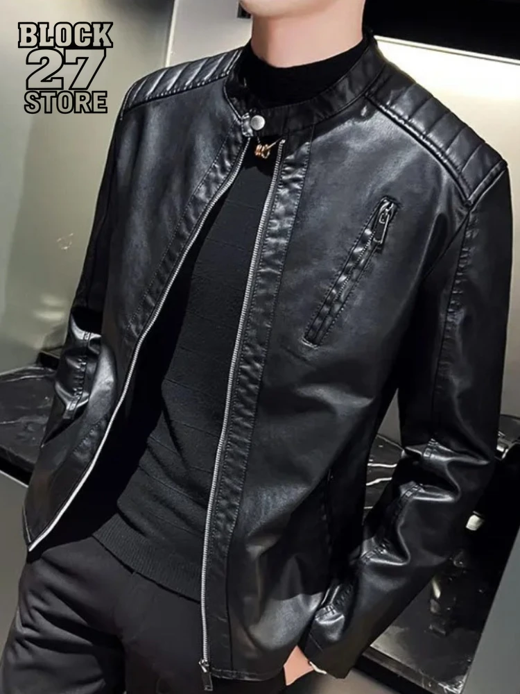 Mens Jacket Streetwear Autumn Winter Leather Biker Jacket Stand Collar Zip Up Design Simple Solid Color Punk Style Cool Fashion