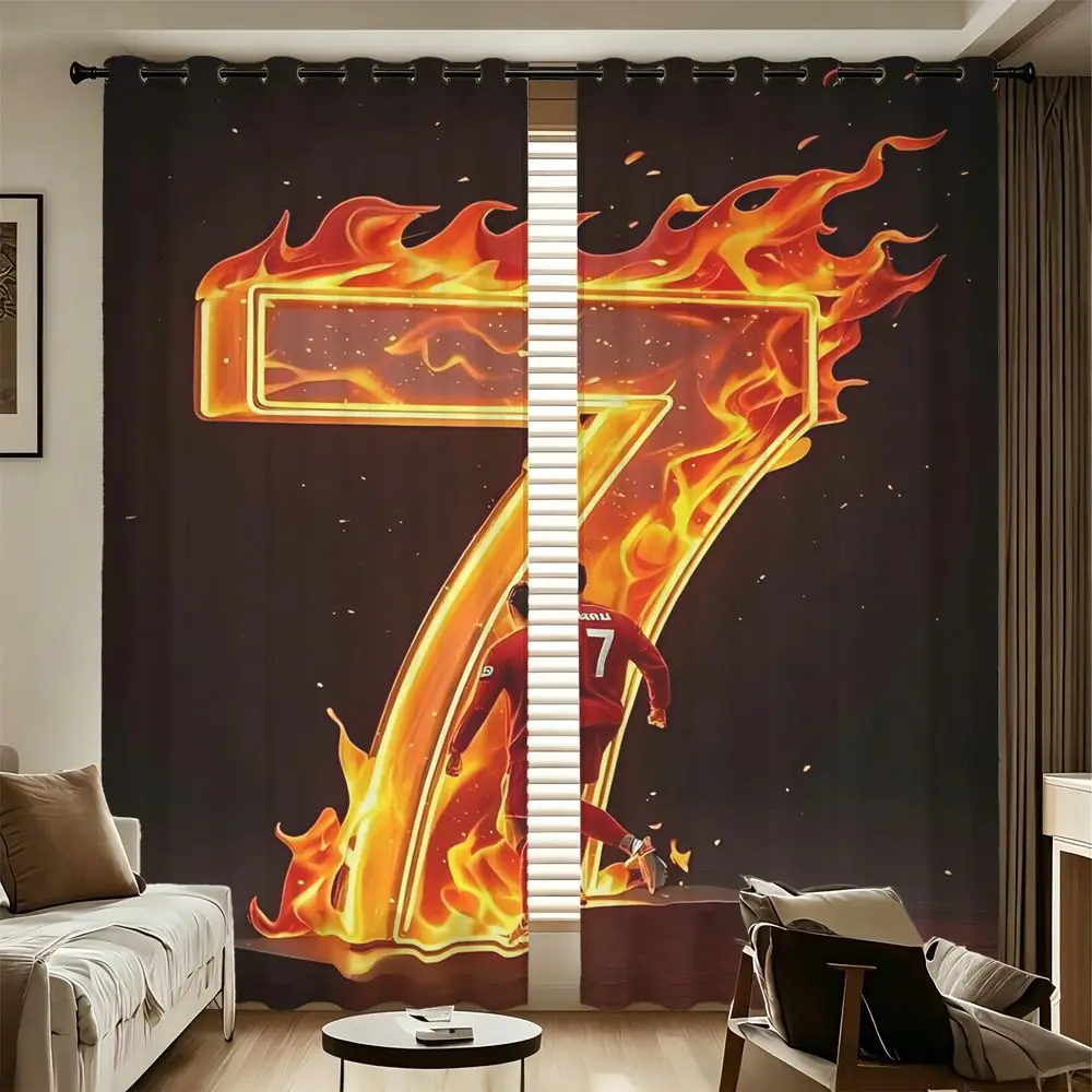 2 Panels Soccer Player Number 7 Printed Curtains Fire Flame Pattern Blackout Curtains 85% Living for Room Window Home Decor
