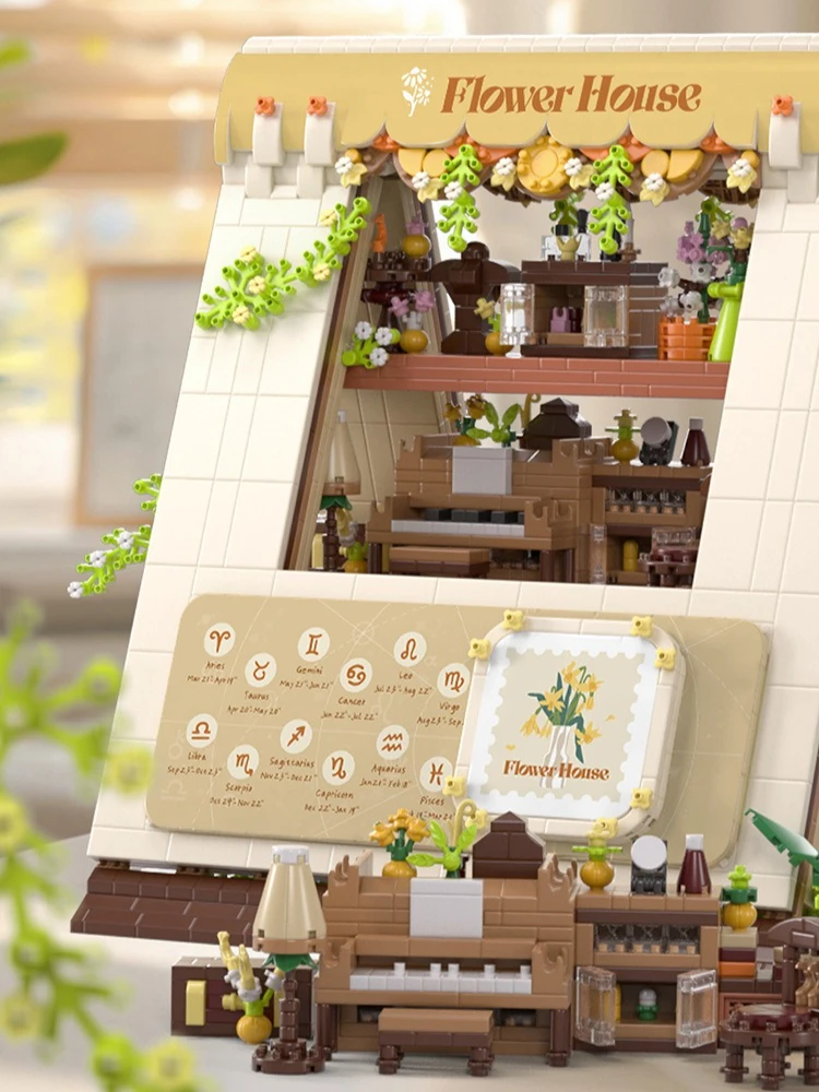 MOC A-vormige Bloemenwinkel Winkel Huis Bouwstenen Set Herfst Brief Diamant Model DIY Speelgoed Voor Kinderen Verjaardag Vakantie Geschenken