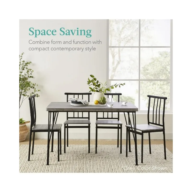 home. 5-Piece Metal and Wood Indoor Modern Rectangular Dining Room, Dinette, Breakfast Nook w/ 4 Chairs - Black