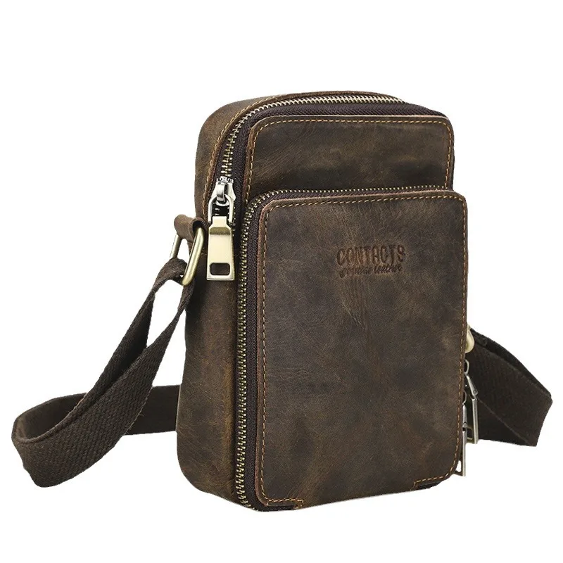 HTS-MB224 Retro Crazy Horse Leather Men's Single Shoulder Crossbody Bag Head Layer Leather Phone Bag