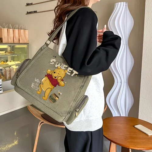 Imagen 2 del producto Bolso de hombro Vintage de Disney para mujer, bandolera de lona estampada de Winnie the Pooh de gran capacidad, bandolera para ordenador portátil
