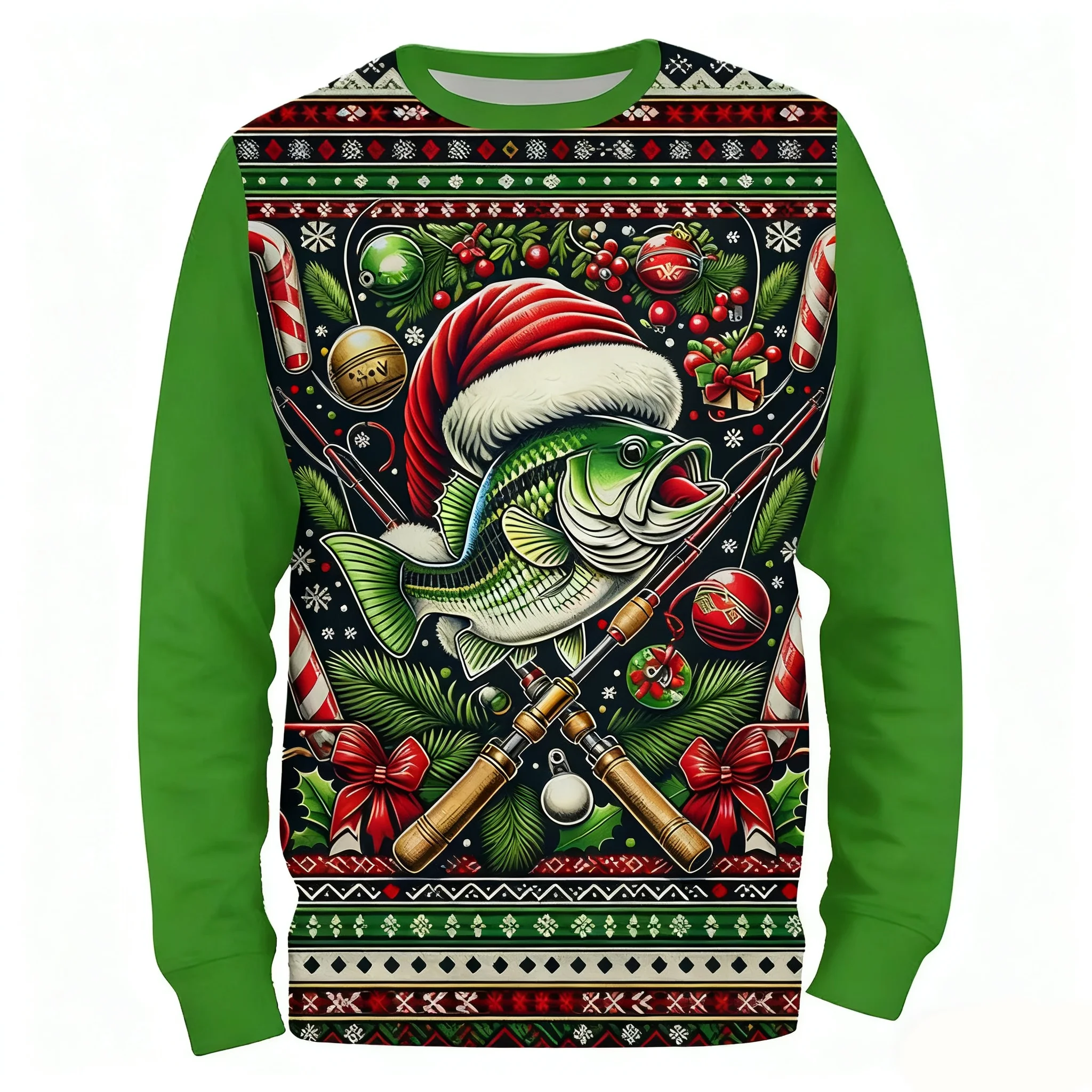 

Мужская одежда для рыбалки с 3D рождественским принтом рыбы, повседневная удобная рубашка с длинными рукавами и круглым вырезом, уличная повседневная праздничная одежда