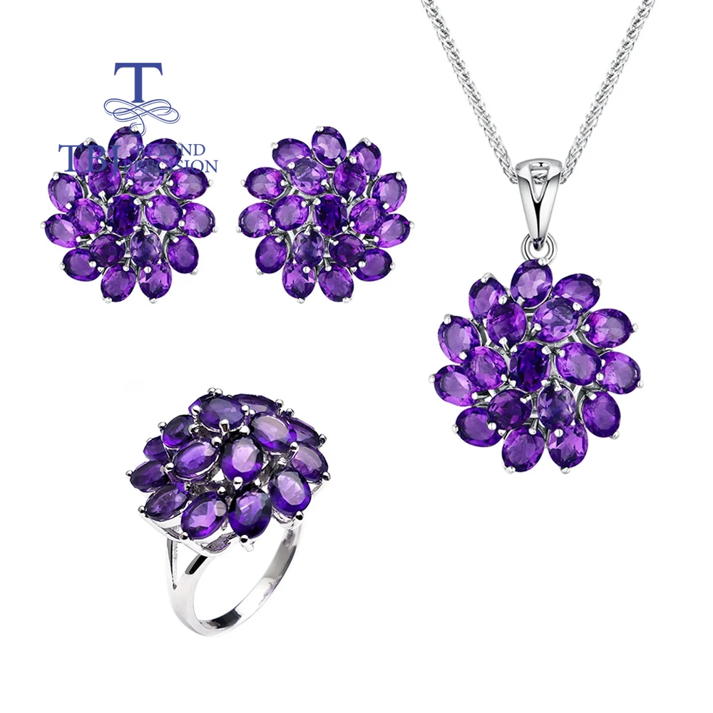 Light luxury natural oval African Amethyst 925 sterling silver ring earrings necklace Fine Jewelry set for women's birthday gift