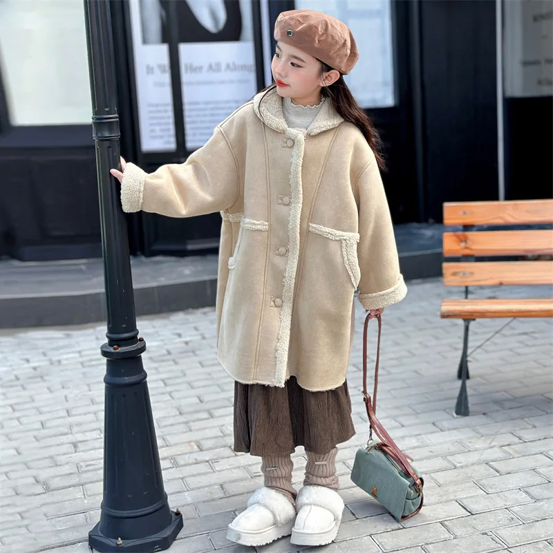 

Длинное шерстяное пальто цвета хаки для маленьких девочек, детское 2024, новое осенне-зимнее модное простое повседневное теплое пальто, корейская простая стильная одежда