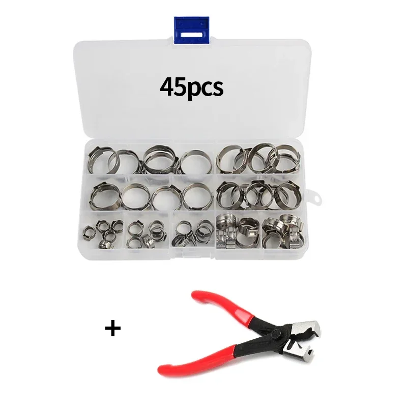 140/130/80/45pcs Stainless Steel Ear Stepless Clamp Worm Drive Fuel Water Hose Pipe Clamps Clips+ 1PC Hose Clip Clamp Pliers