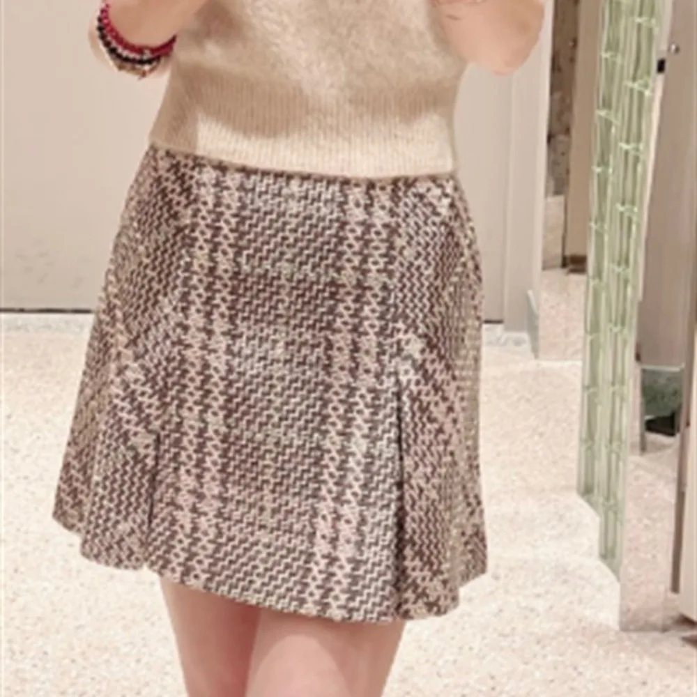 

Patchwork Panelled Elegant Office Lady Falda Woolen Stripe Plaid Short Skirts Japan Vintage High Waist Slim Moda Faldas