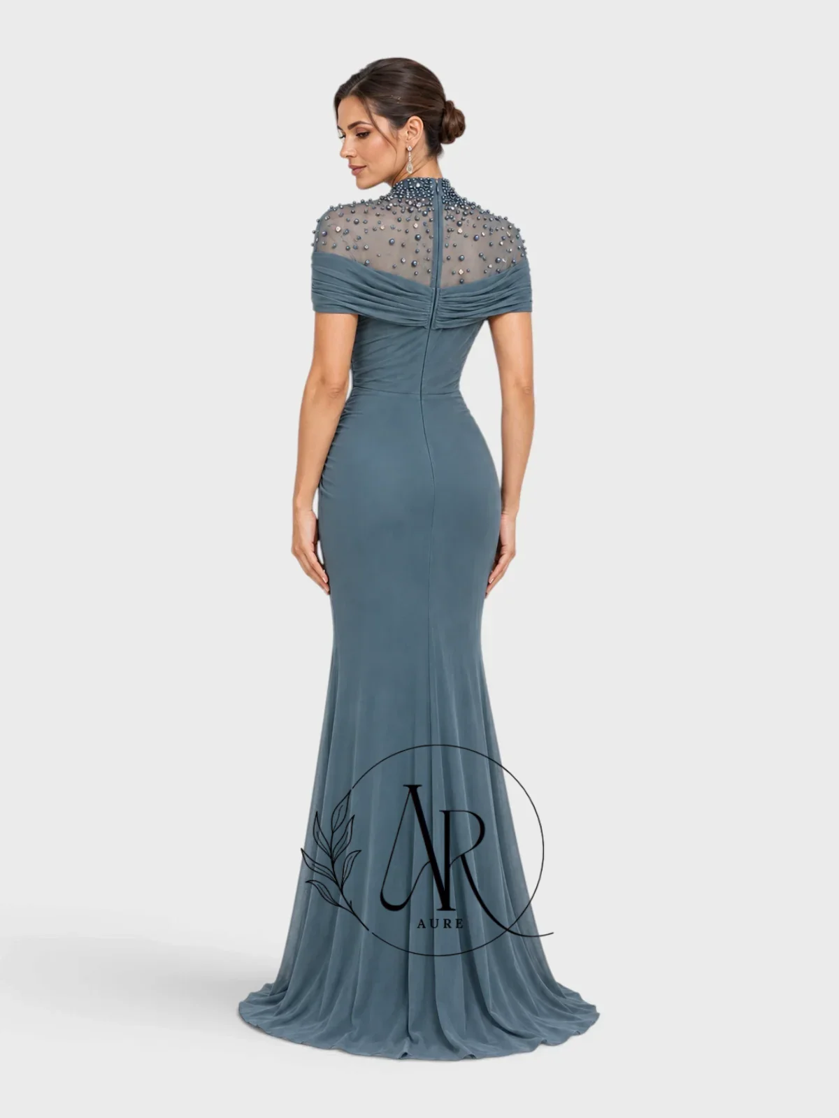 Aure Customized Dusty Blue Mermaid Mother Of Bride Dress Beaded Off Shoulder Ruched Chiffon Formal Evening Party Wed Guest Gown