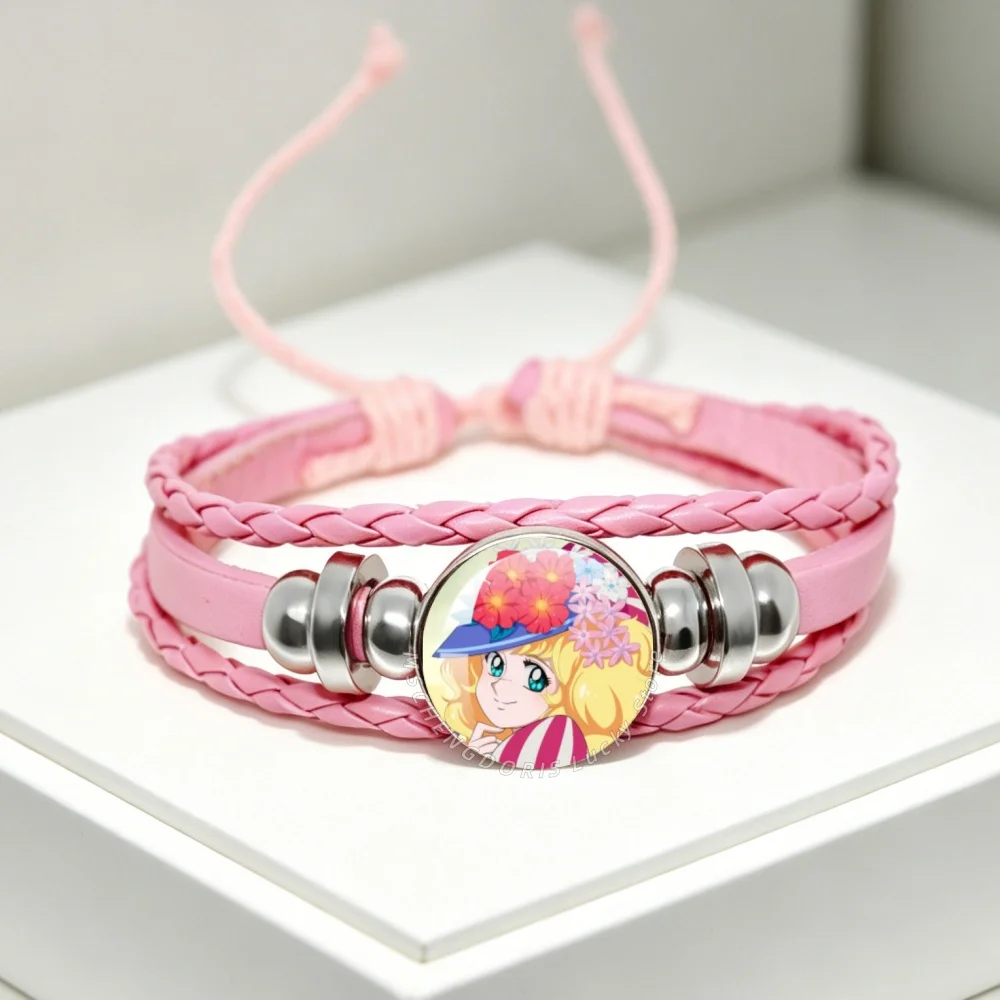 Pulsera Vintage de Anime y Manga Candy Candy, Cabujón de Vidrio Redondo de 18 mm, Trenzada Multicapa, Color Rosa, Joyería Cosplay, Regalo de Cumpleaños MS027