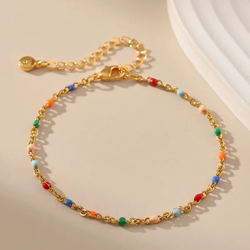 

Bohemian Candy Color Beads 18k Gold Plated Link Chain Bracelet for Women Ethnic Style Drip Oil Series Color Random Bracelets