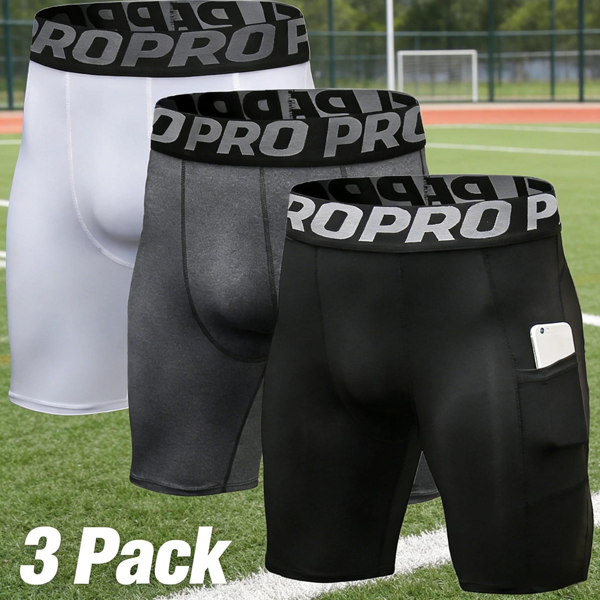 

3 Pack Mens Compression Shorts with Pockets Sport Shorts Athletic Workout Running Performance Baselayer Underwear Spandex