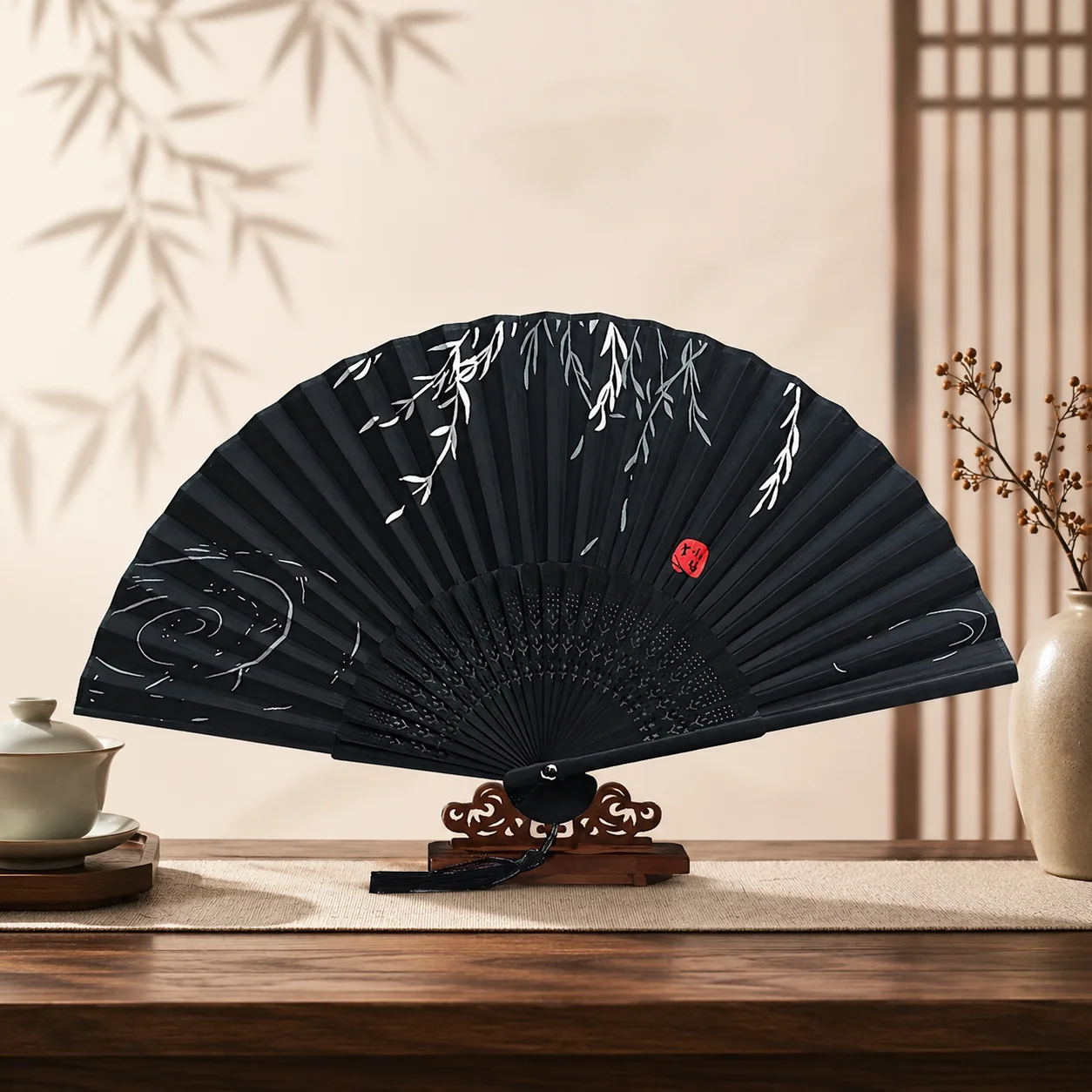 Chinese Style Bamboo Folding Hand Fan Black Printed Fabric Fan for Dance Performance Wedding Party Photography Gift Decor