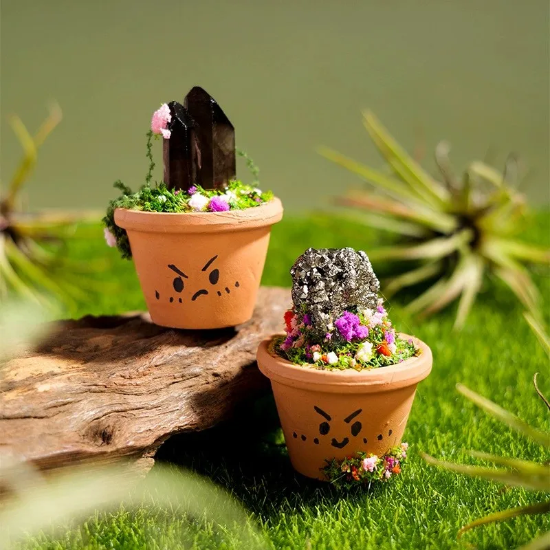 1pc Natural Crystal Stones Mini Clay Pot Base Amethyst Quartz Healing Gemstones Potted Plant Style Crafts Feng Shui Home Decor