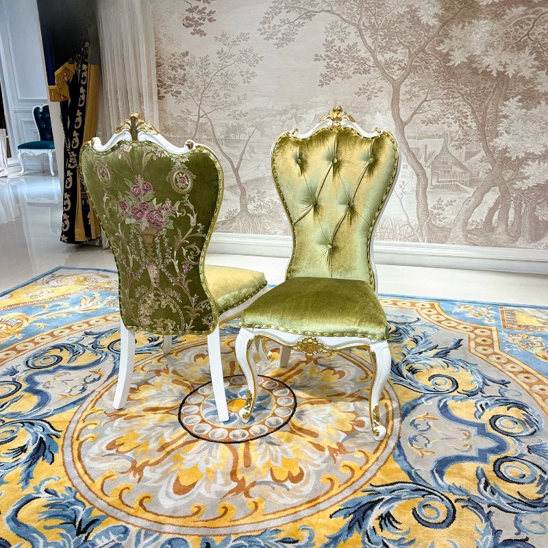 French dining chair, European embroidered dining chair, palace luxury solid wood carving flower office chair, restaurant green