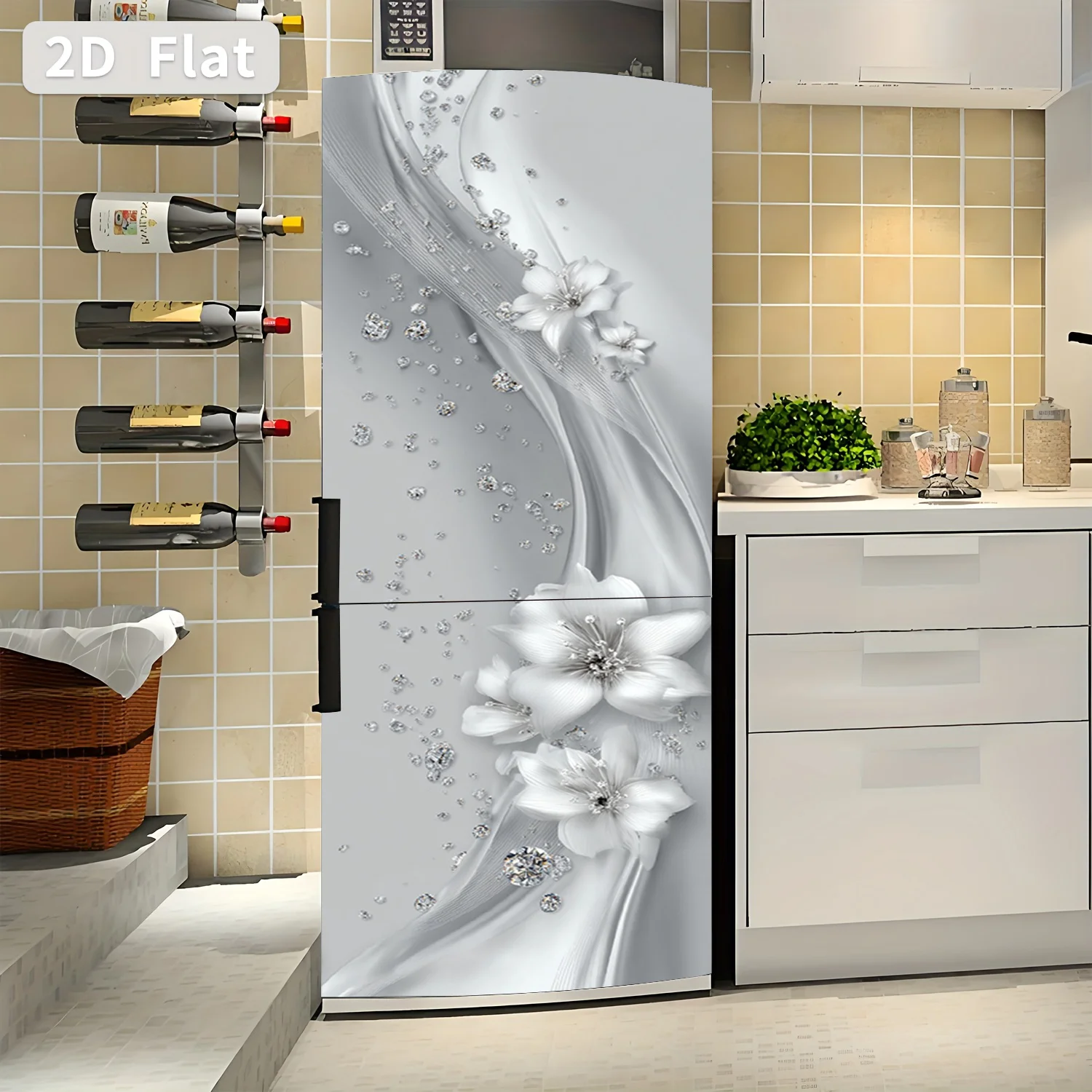 of Printed Refrigerator Sticker, Measuring 60×180 Cm, Featuring a Silver Floral Diamond Shadow Design. This Self-Adhesive Wall view 5