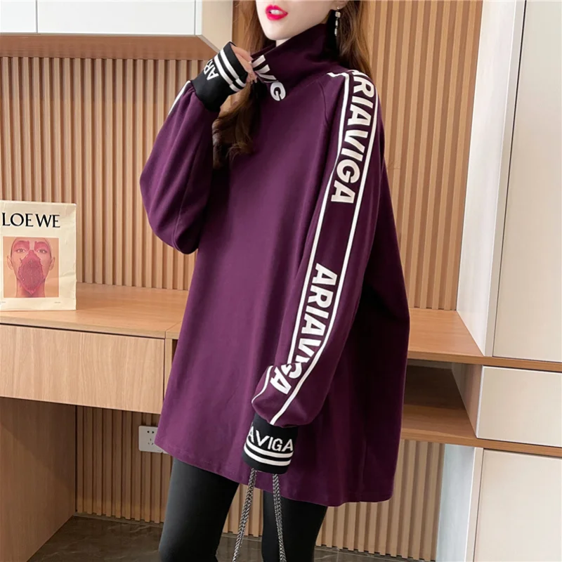 Trend Letter Print Loose Tops Spring Autumn Long Sleeve High Necked Solid All-match T Shirts Fashion Street Casual Women Clothes