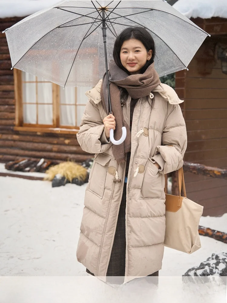 

Bruland Long Hooded down Jaet Women's Winter New Sle Retro ort Size Knee-Length Warm Coat Ci Casual White Du down