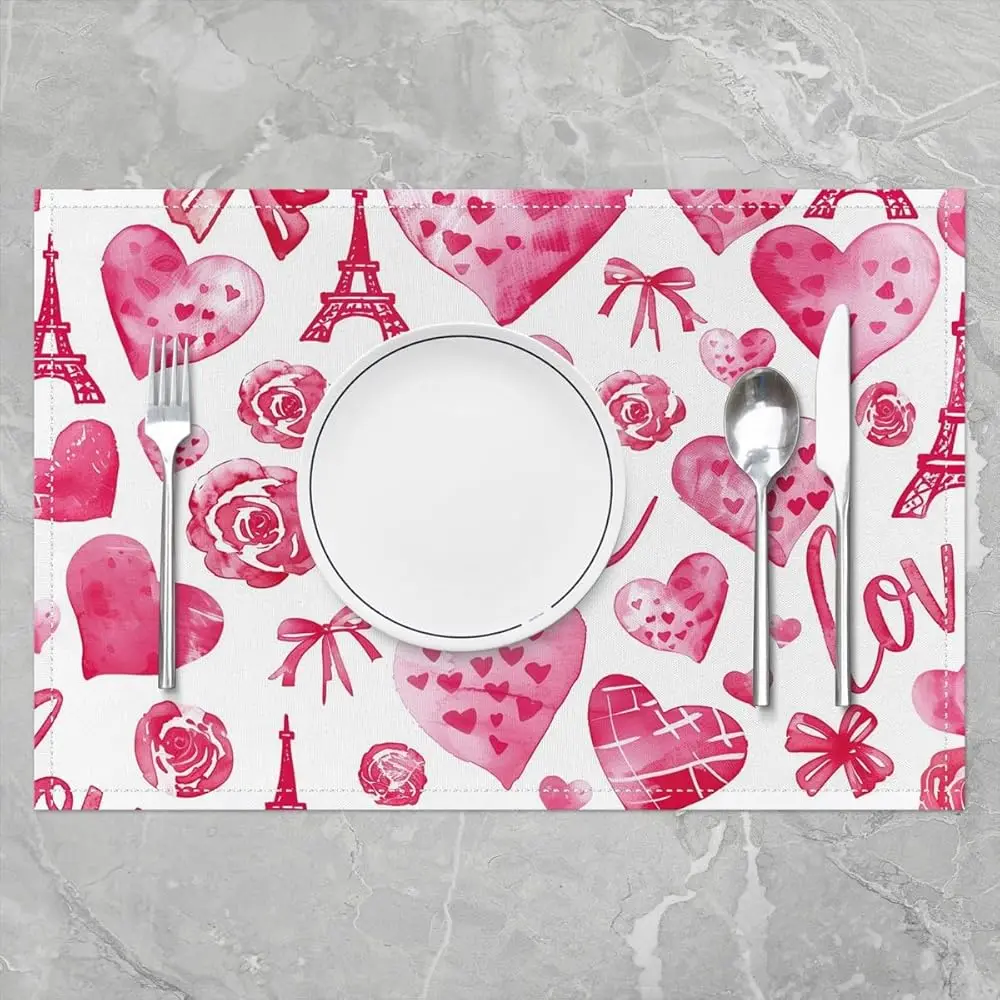 4 قطعة المفارش قلوب الحب 12x18 بوصة الحصير مكان عيد الحب لتناول الطعام طاولة الفناء رومانسية الورود الزهور زوجين #2