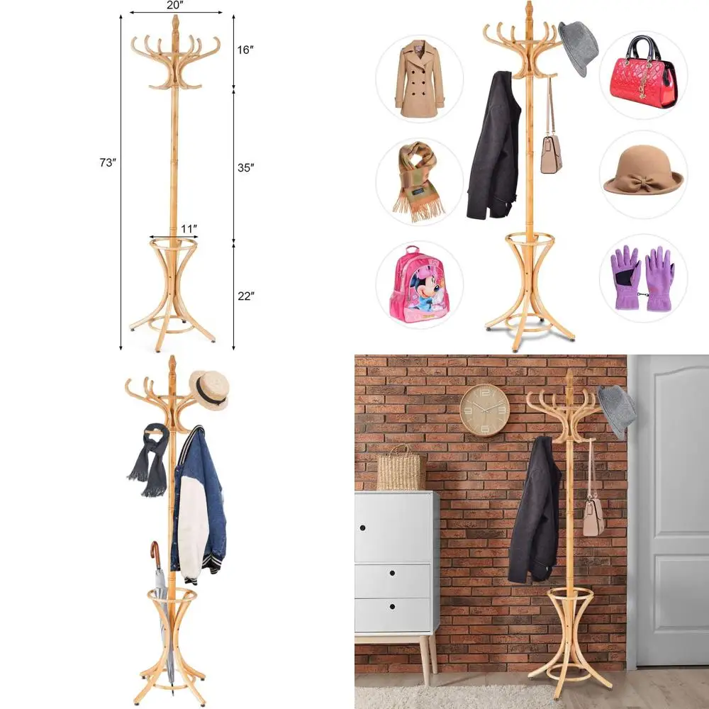 

Oak Wooden Freestanding Coat Rack with 12 Hooks and Umbrella Stand, Entryway Tree for Hats, Scarves, Bags - Easy Assembly