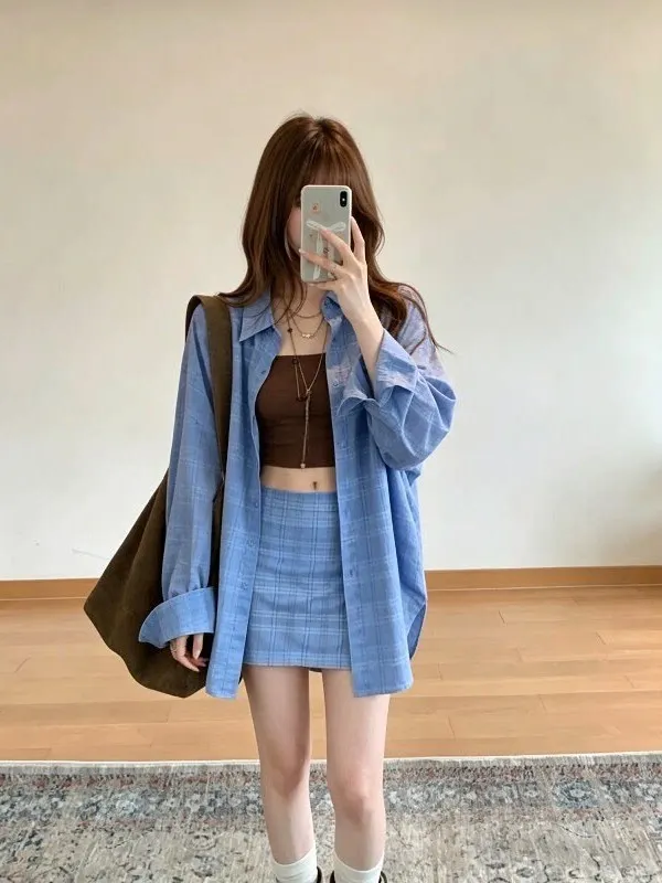 Blue Slimming Waist Shirt And High Waist Skirt Two-Piece Set for plus Size Women Korean Style Vintage Autumn Fashion Ensemble