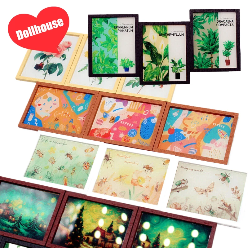 3Pcs/Set Dollhouse Mini Modern Style Illustration Abstract Mural DIY Mini Furniture Model Set Toy Living Room Scene Accessories