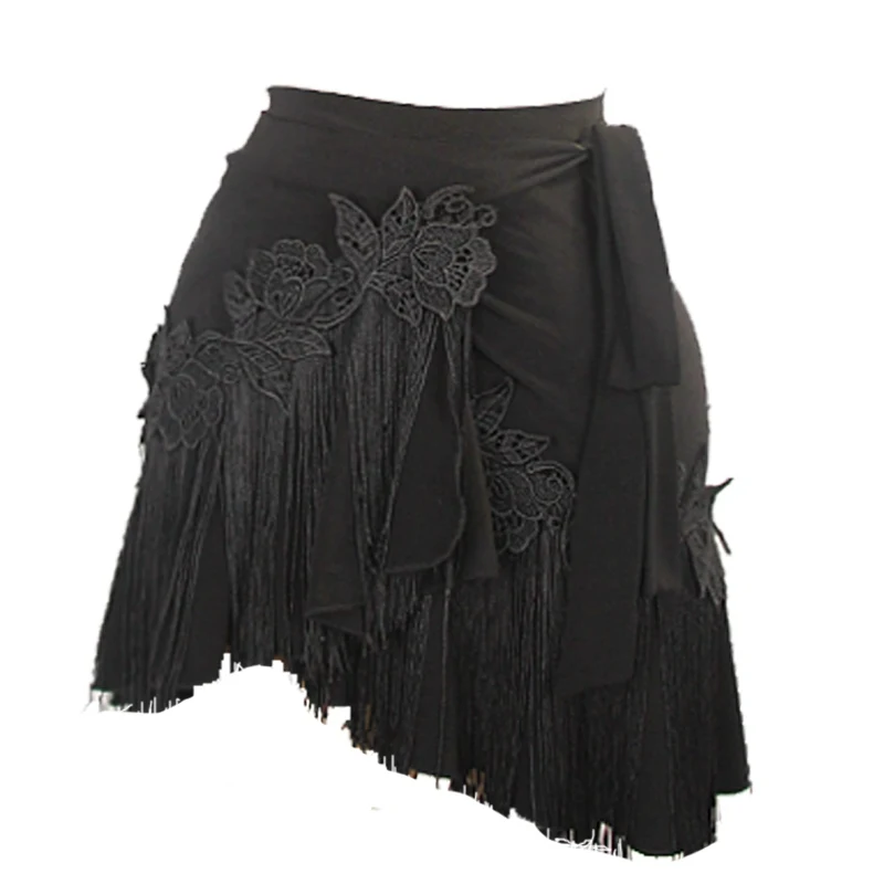 Embroidered Rose Tassel Latin Dance Skirt Women Practice Clothes Black Hip Scarf Adult Rumba Samba Salsa Dance Clothing DNV20735