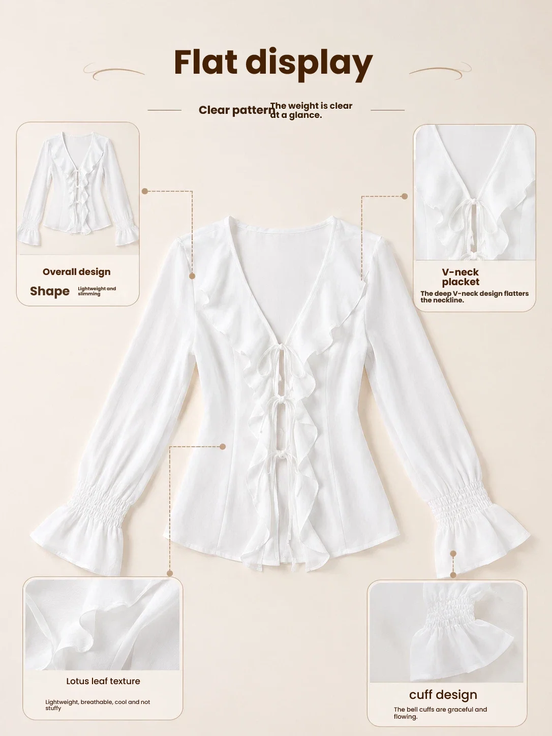Y2K Women Ruffled Tie Front Shirt Elegant Deep V Neck Flared Long Sleeve Loose Fit Cardigan Cute Casual Daily Blouse - view 6
