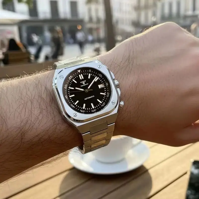 Tandorio Unique Square Men Watch NH35A Automatic Movement Mechanical Sapphire Crystal Turning Chapter Ring Screw Crown Luminous