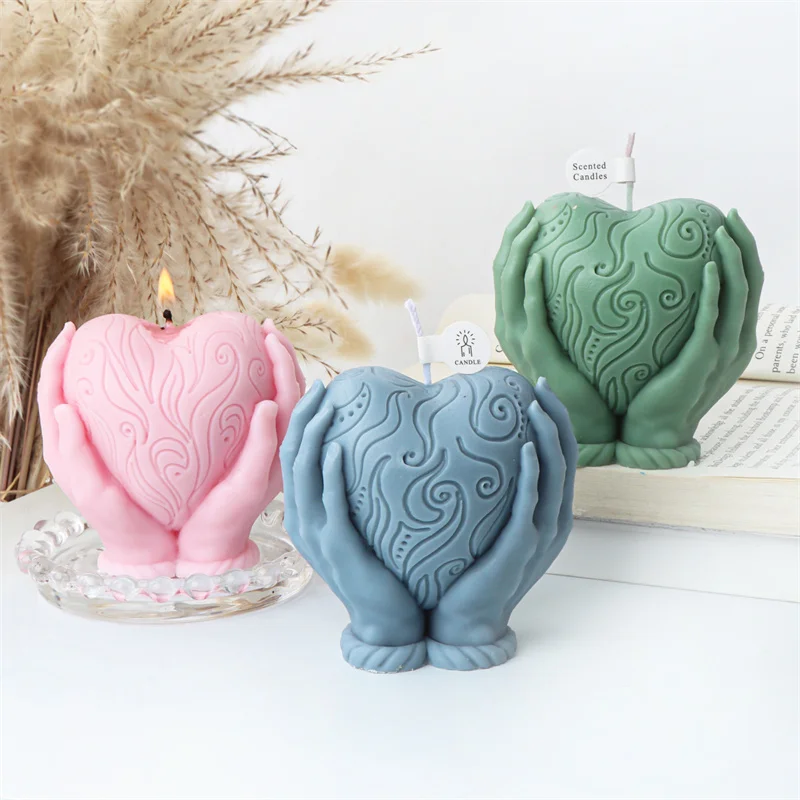 Hands Holding Love Silicone Candle Mold DIY Love Rose Shapes Candles Gypsum Soap Valentine's Day Home Decor
