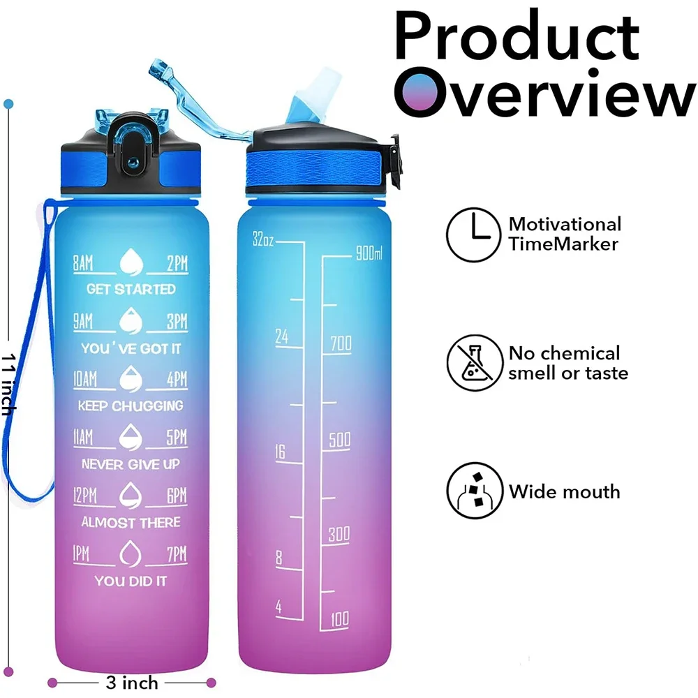 32 Oz Leakproof Water Bottles with Times to Drink and Straw Motivational Drinking Sports Water Bottle for Fitnes Gym Outdoor