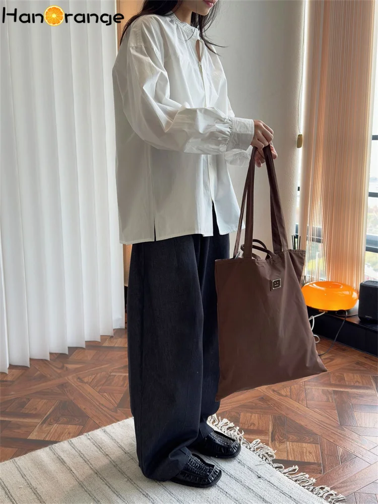 HanOrange 2025 Early Spring Fashion Age Reducing O-neck Lantern Sleeve Shirt Women Loose Silhouette Casual Top White/Pink