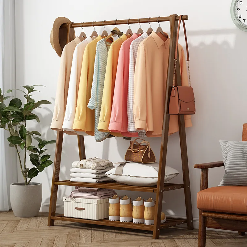 

Vertical coat rack floor floor hanger bedroom room solid wood shelf thickened foldable clothes drying rack