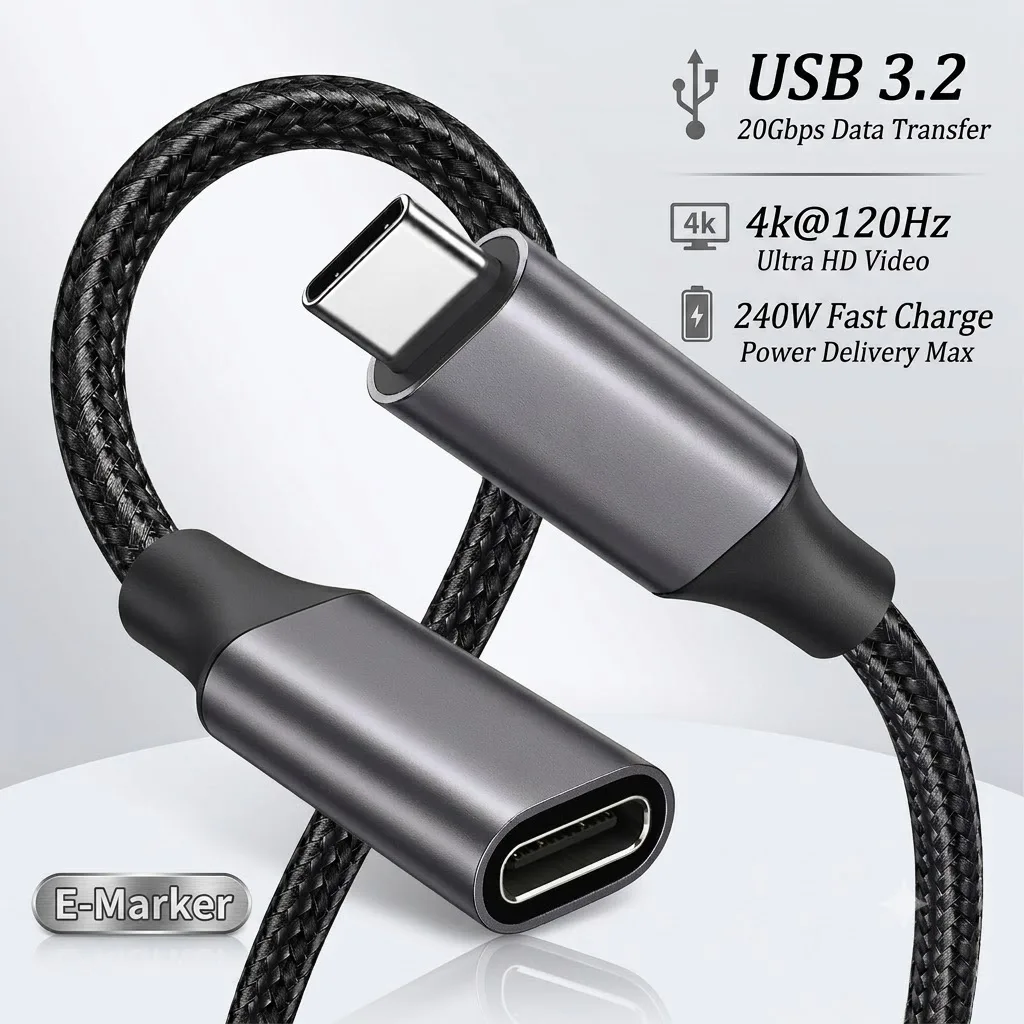 20Gbps USB C Extension Cable 240W USB3.2 4K@120Hz Type C Video Extension Cord Male to Female For Hub PS VR2 iPhone MacBook Switc
