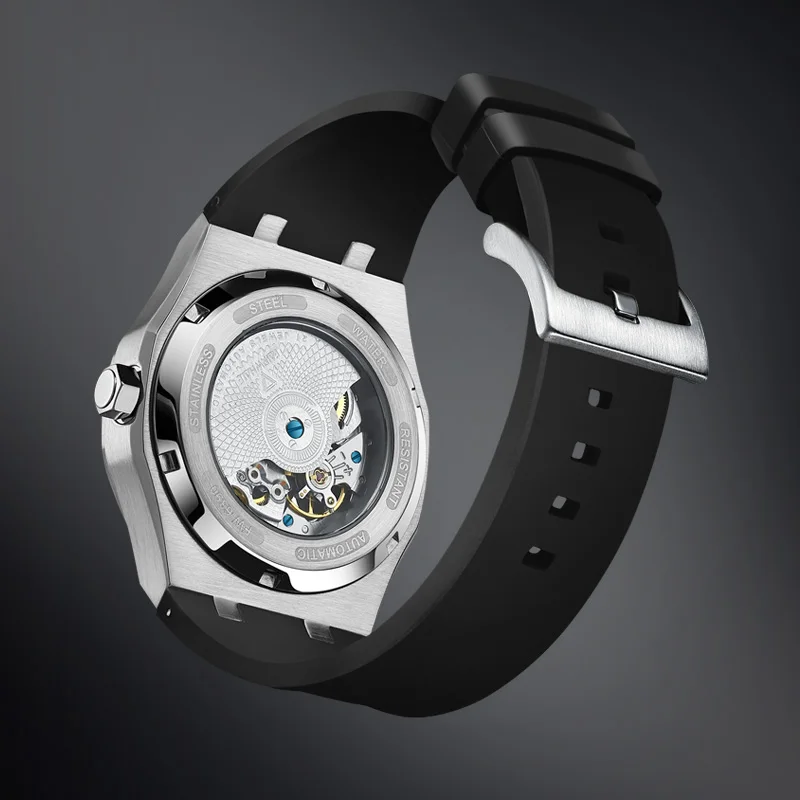 Mark Fairwhale Men Automatic Watch 42mm Sport Mechanical Wristwatch 50M Waterproof Luminous Skeleton Rubber Strap Planet dial