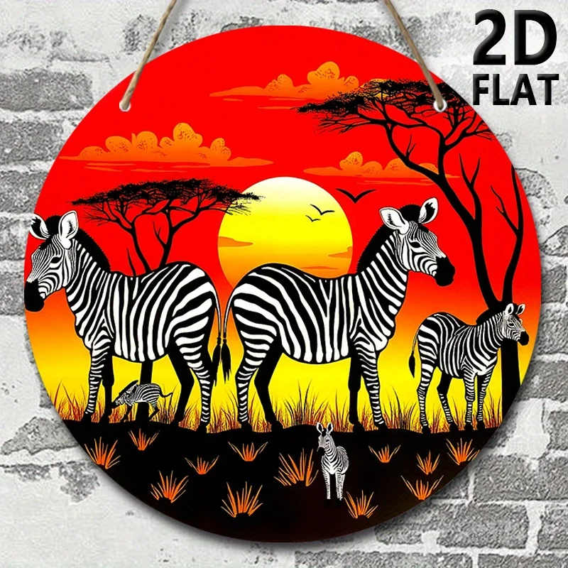 2D-Flugzeug, afrikanische Savannah-Zebras und Sonnenuntergang-Wandkunstdekoration – kreisförmiges Holzschild mit Hanfseil, Bauernhaus