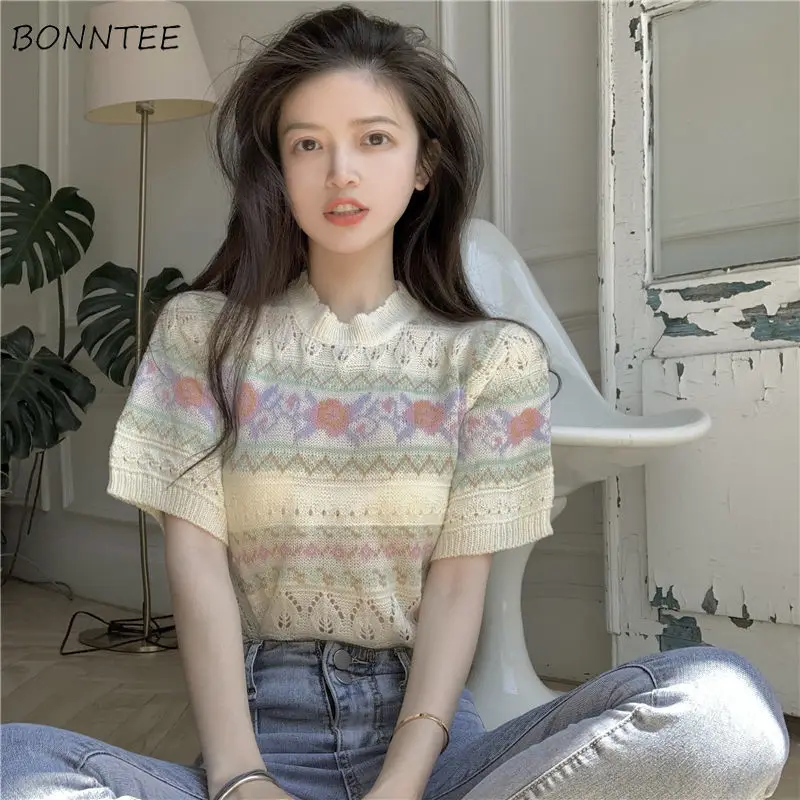 T-shirts Women Flowers Hollow Out Creativity All-match Spring Lovely Delicate Korean Style Students Leisure Stylish Temperament