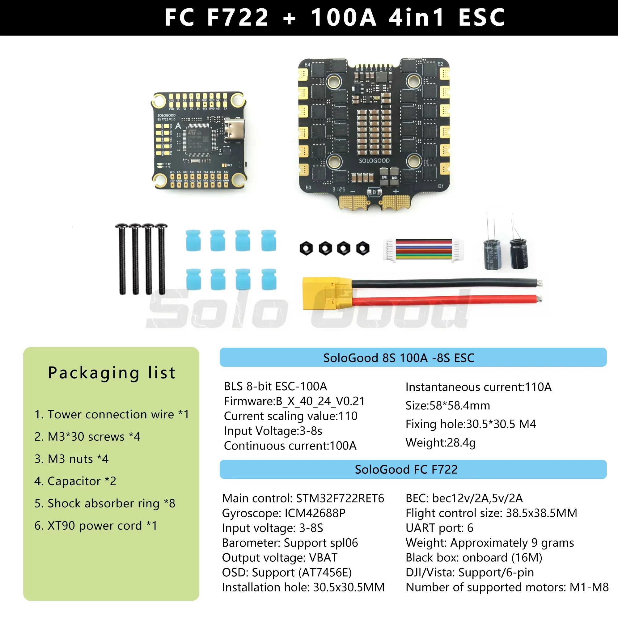SoloGood 8S F722 100A Stack ICM42688P F722 Flight Controller 100A 4in1 ESC 30.5X30.5mm 3-8S Support 2 Cameras for FPV Drones