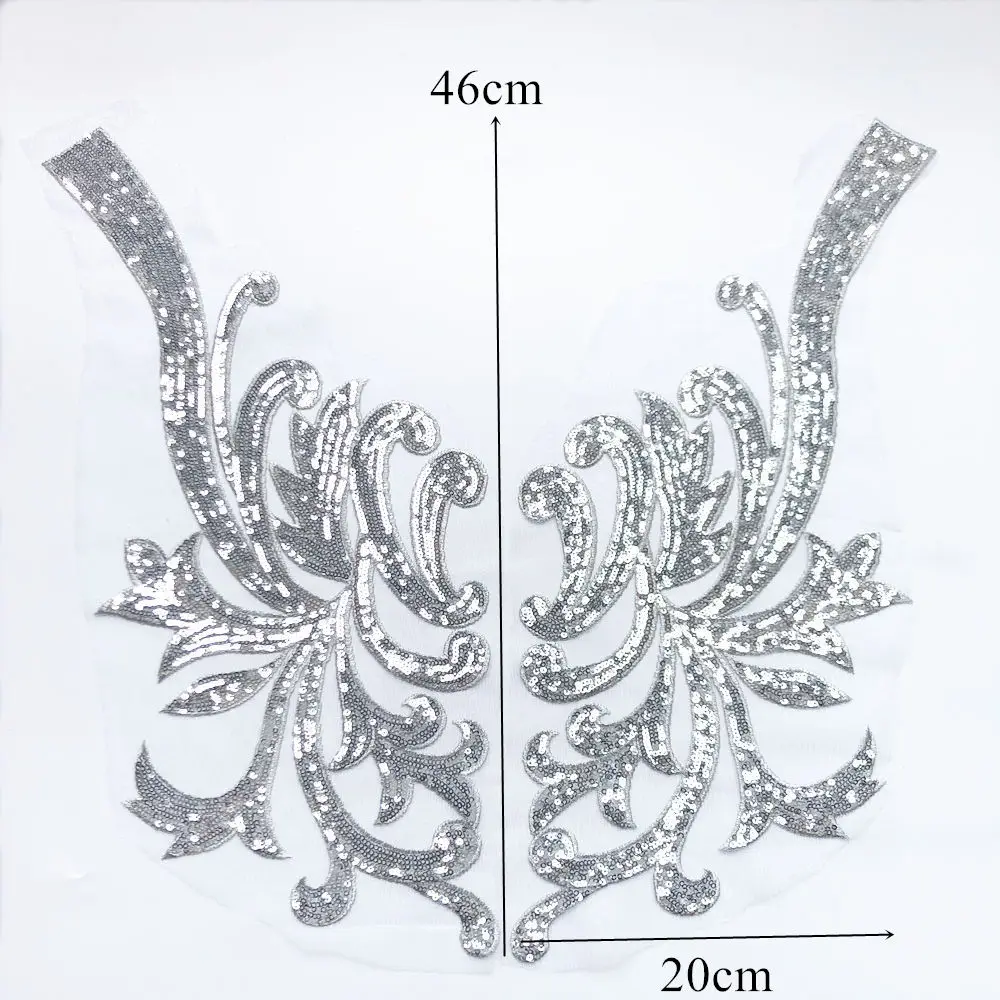 2Pcs Silver Embroidery Sequin Flower Baroque Applique Sew Iron Patch Collar For Wedding Bridal Gown Clothes Dress DIY Crafts