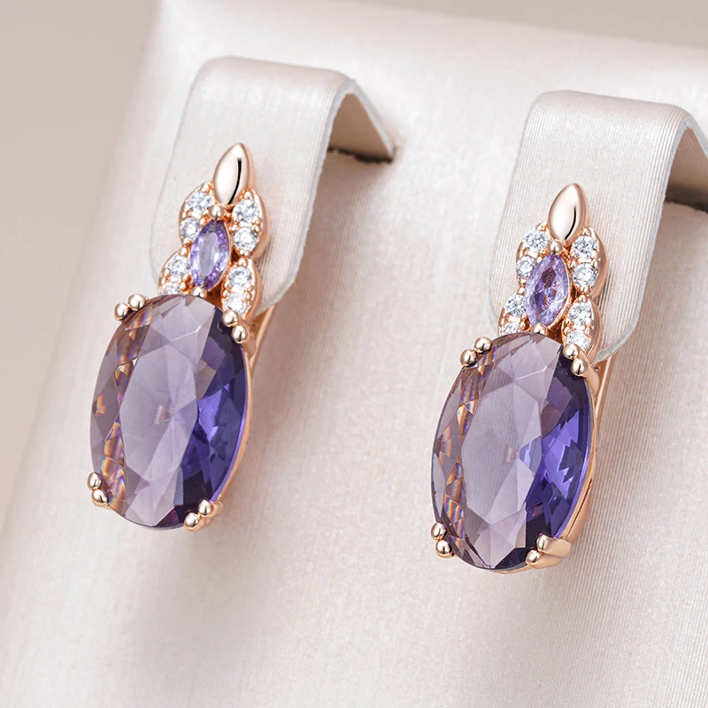Kinel Sparkling Purple Oval Natural Zircon English Earrings for Women Fashion 585 Rose Gold Color Vintage Party Daily Jewelry